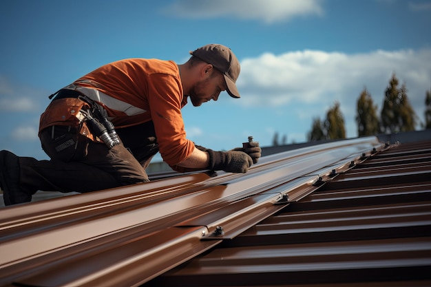 Arbeiter installiert Dachrutsche Himmel Mann Metall Erzeugen Ai