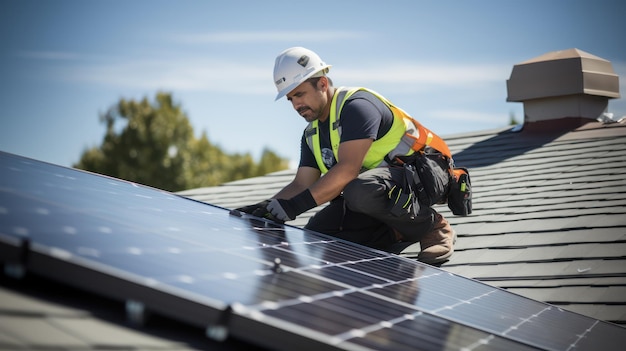 Arbeiter installiert Sonnenkollektoren auf dem Dach gegen den Sonnenschein