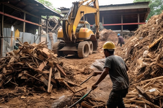 Arbeiter laden recycelten Bauschutt zur Verarbeitung und Wiederverwendung generativer KI