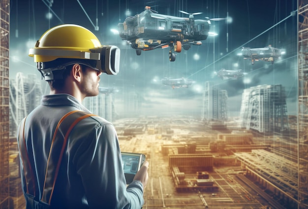 Arbeiter mit AR-Headset betreibt eine fliegende Drohne auf einer futuristischen städtischen Baustelle