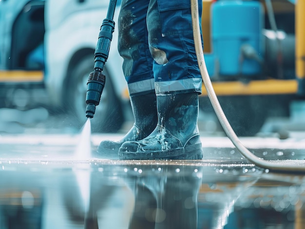 Arbeiter mit Druckwäsche mit Hochleistungs-Wasserstrahlbeton