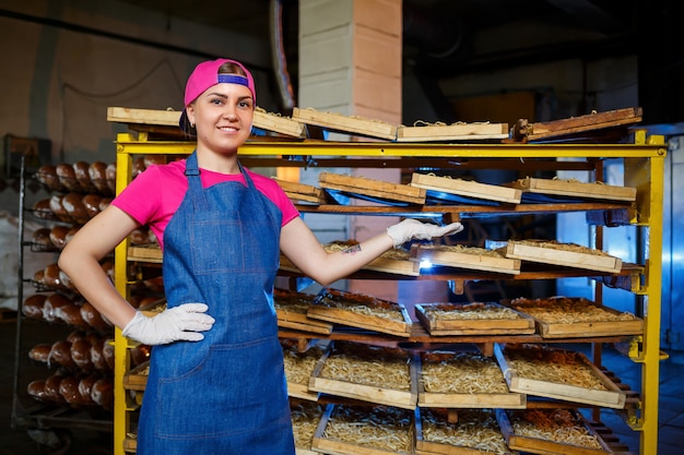 Arbeiter mit einer Schachtel Nudeln. Das Mädchen arbeitet an der Herstellung von Spaghetti. Nudeln machen. Teigwarenfabrik.