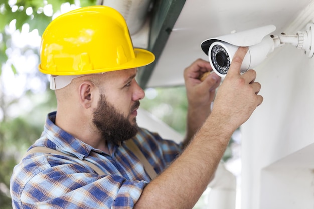 Arbeiter mit gelbem Helm im Hintergrund