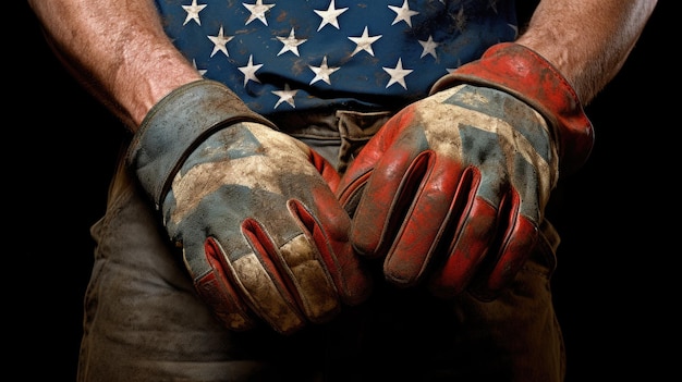 Arbeiter mit Handschuhen und Kleidung in den Farben der US-Flagge