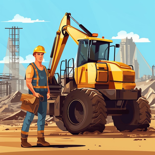 Arbeiter mit Helm auf der Baustelle mit Bagger im Hintergrund
