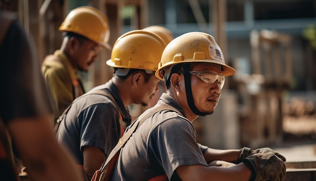 Arbeiter mit Helmen auf der Baustelle