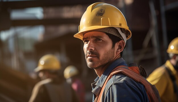 Arbeiter mit Helmen auf der Baustelle