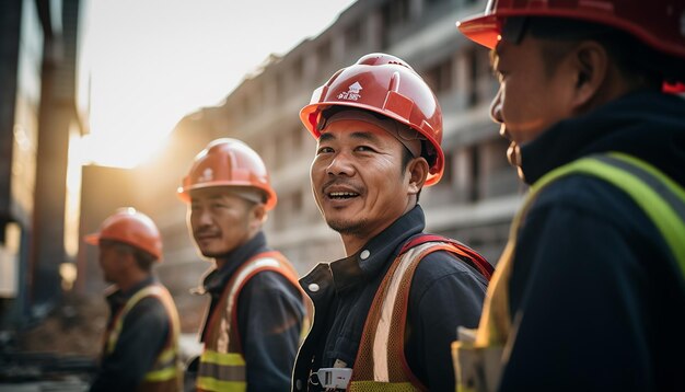 Arbeiter mit Helmen auf der Baustelle