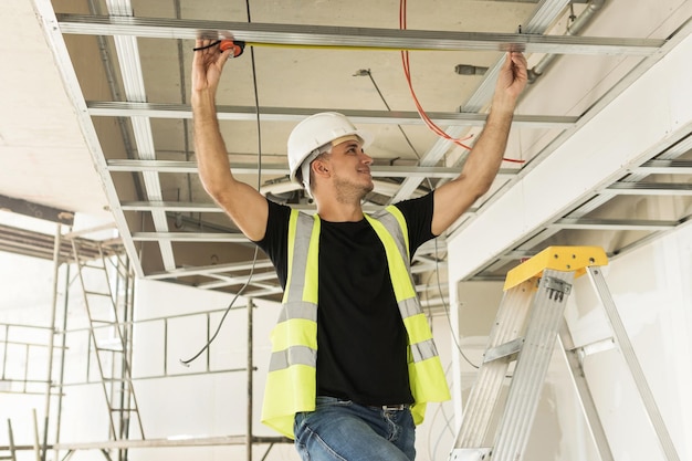 Arbeiter mit Maßband auf einer Baustelle