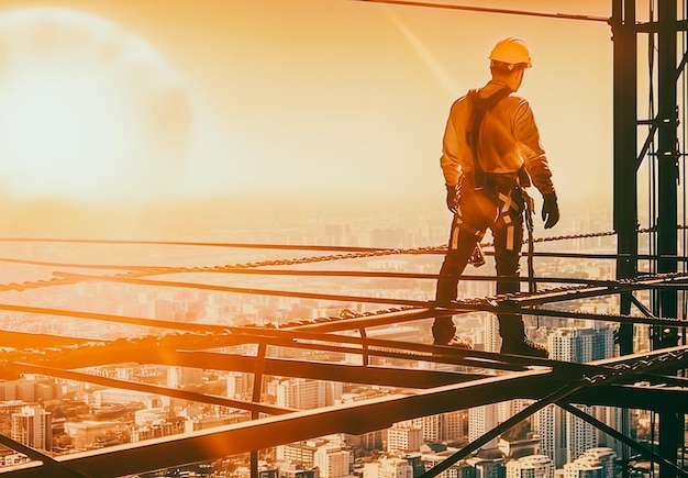 Arbeiter mit Schutzhelm und Sicherheitsgurt arbeiten am Kran