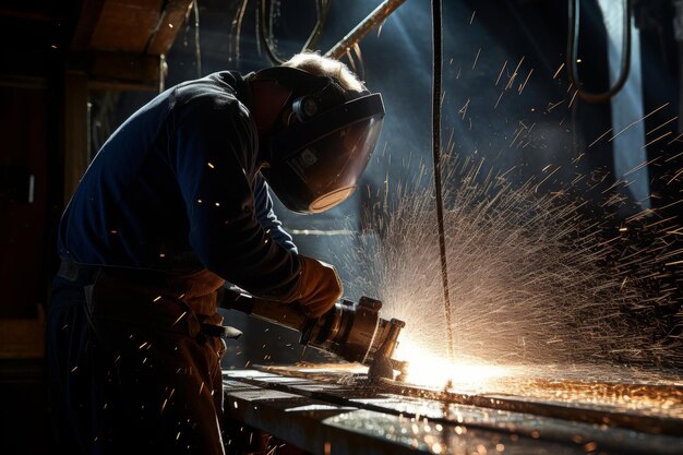 Arbeiter mit Schweißhelm und Schutzkleidung schneidet Metall mit Metallstangen. Funken fliegen