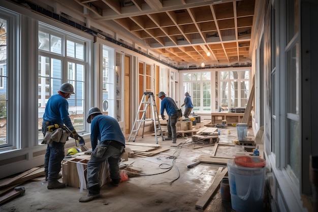 Arbeiter montieren Türen und Fenster in einem frisch gebauten Wohnhaus. KI