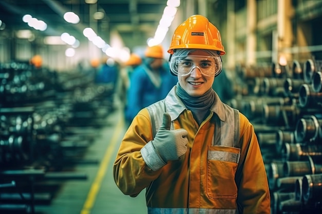 Arbeiter posiert vor der Kamera in der Fabrik