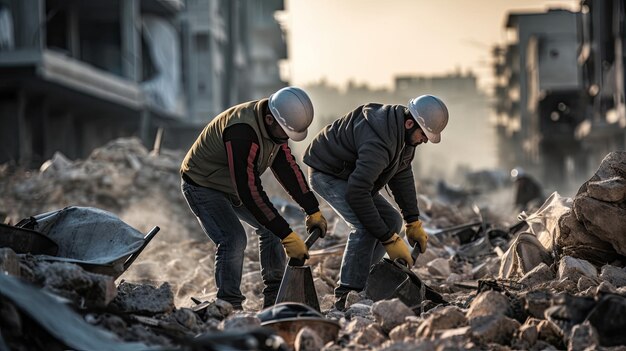 Arbeiter räumen die Trümmer einer vom Krieg zerstörten Stadt auf