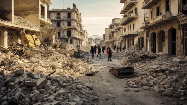 Arbeiter räumen die Trümmer einer vom Krieg zerstörten Stadt auf