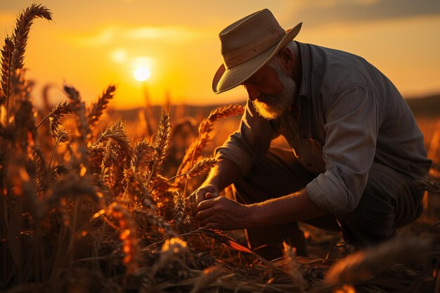 Arbeiter sammeln bei Sonnenuntergang auf dem Weizenfeld die Ernte