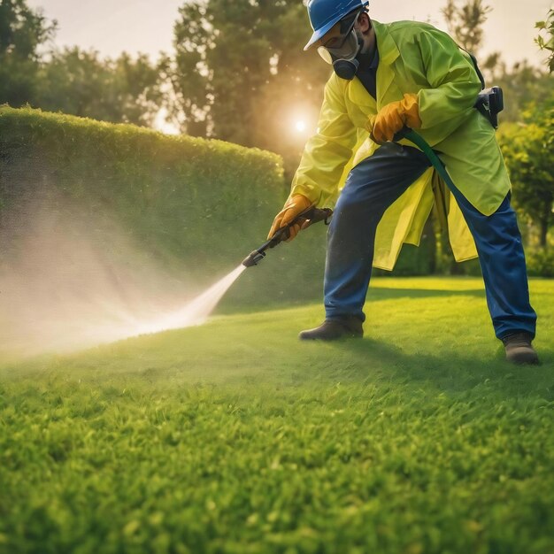 Arbeiter sprühen Schädlingsbekämpfung auf grünen Rasen im Freien