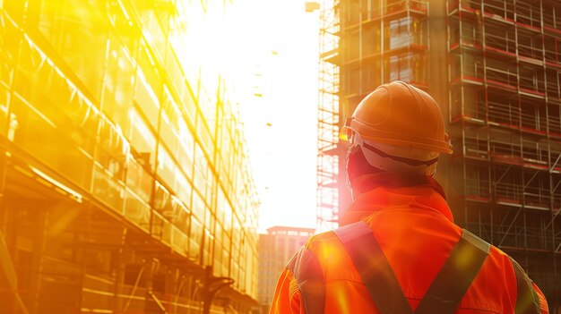 Arbeiter trägt Helm und Schutzausrüstung auf einer Hochhausbaustelle