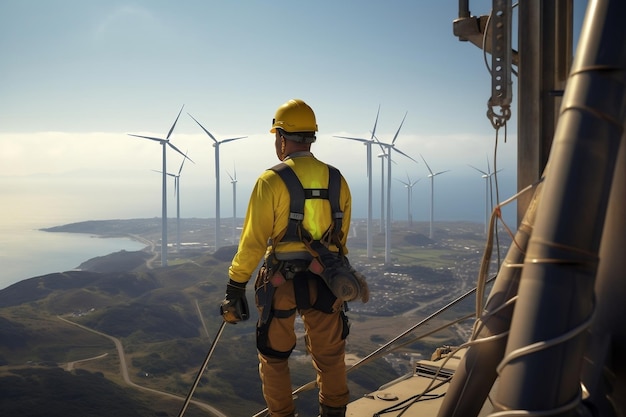 Arbeiter über einer Windkraftanlage in der Nutzung generativer KI