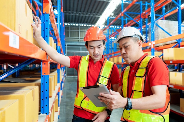 Arbeiter und Ingenieur mit Tablet-Computer im Lager