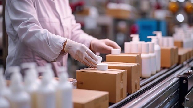 Arbeiter verpacken vorsichtig Kosmetika in Beförderbands in Kisten mit Raum Generative KI