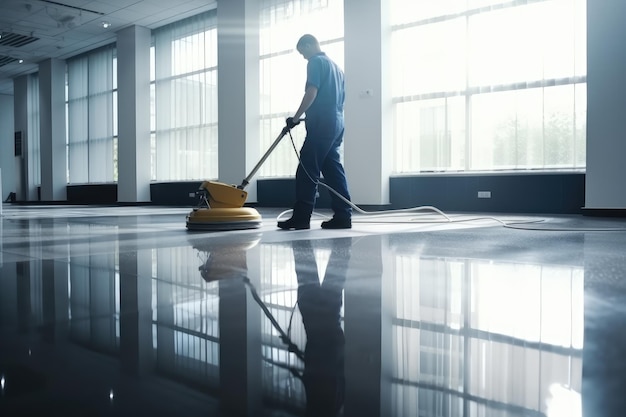 Arbeiter wäscht Büroboden mit Reinigungsmaschine AI