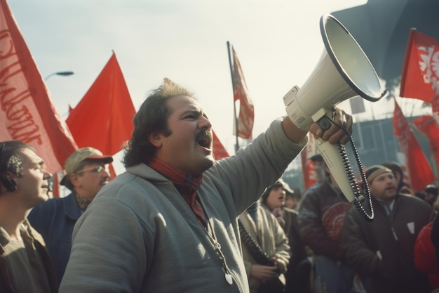 Arbeiteraktivist protestiert während einer Demonstration mit Megafon