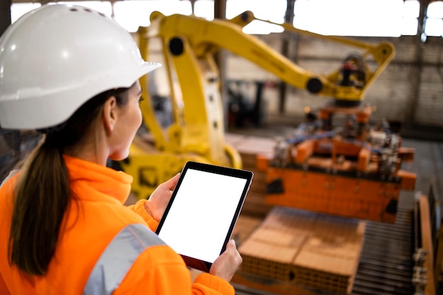 Arbeiterin, die ein digitales Tablet verwendet, während sie die Produktion im Produktionswerk überwacht