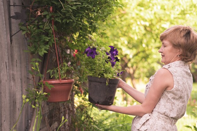 Arbeiterin, die einen Topf mit einer Pflanzenblume hängt