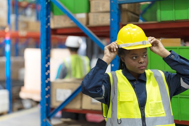 Arbeiterin trägt Schutzhelm