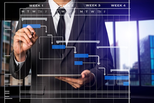 Arbeits- und Aktualisierungsaufgaben des Projektmanagers mit Meilenstein-Fortschrittsplanung und Gantt-Diagramm-Planungsdiagramm Geschäft, das mit Smartphone-Tablet und Laptop im Büro arbeitet