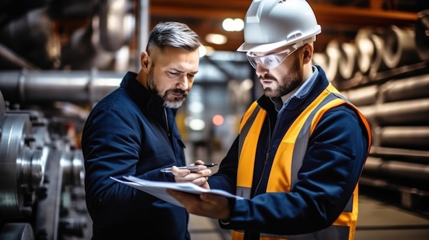 Foto arbeitsaufseher in einem fernwärmewerk, der qualitätskontrolle und inspektion von rohren und ventilen durchführt