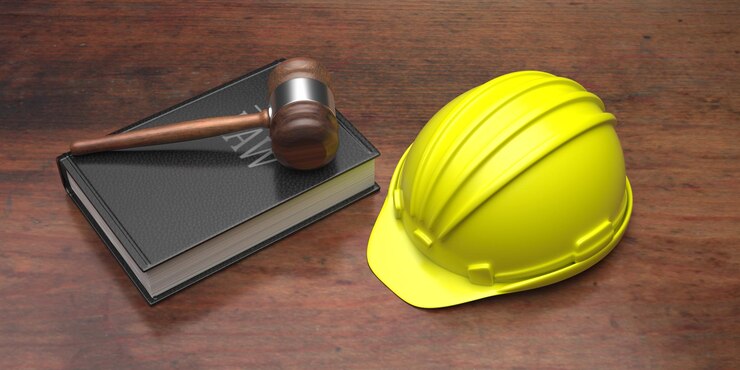 Arbeitsbaurecht Schutzhelm und Richterhammer auf Holztisch