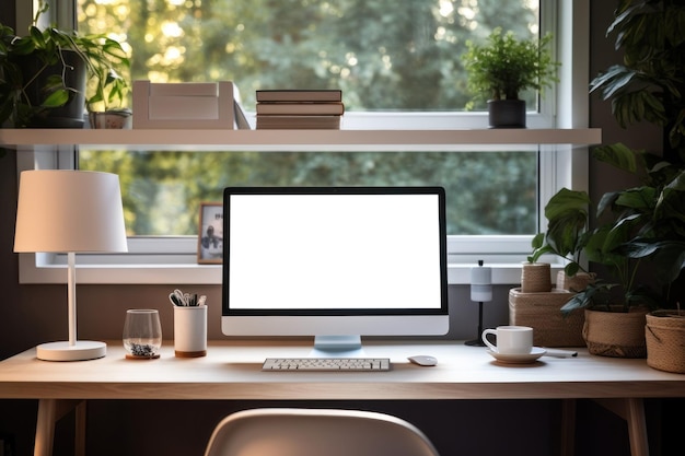 Arbeitsbereich mit Computer und Zubehör auf dem Tisch. Computer mit leerem Bildschirm und Generate Ai. Hochwertiges Foto