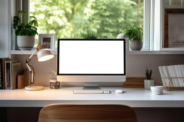 Arbeitsbereich mit Computer und Zubehör auf dem Tisch. Computer mit leerem Bildschirm und Generate Ai. Hochwertiges Foto