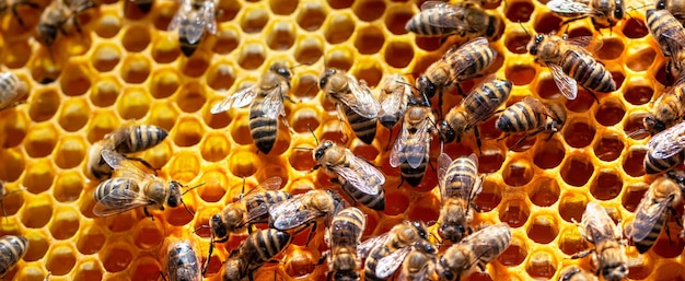 Arbeitsbienen arbeiten in einem Bienenstock Selektiver Fokus der Nahaufnahme