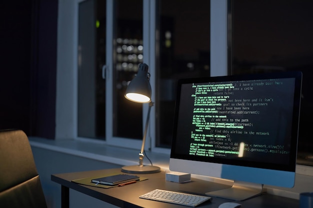 Arbeitsplatz des Programmierers mit Computer im dunklen Büro