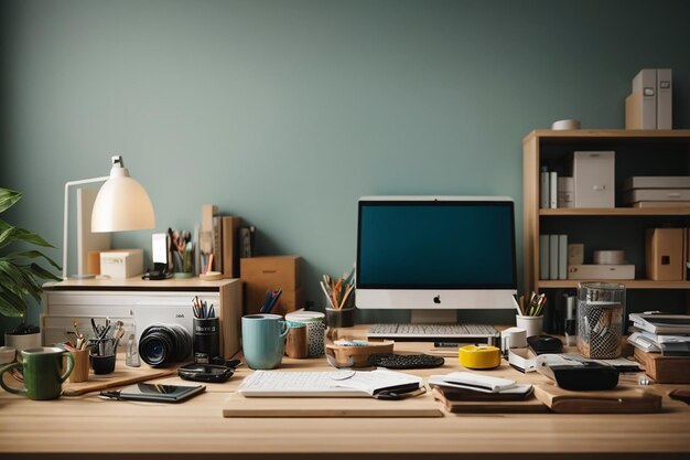 Arbeitsplatz Home-Office-Schreibtischbedarf auf dem Büro Arbeitsplatz 3D-Rendering