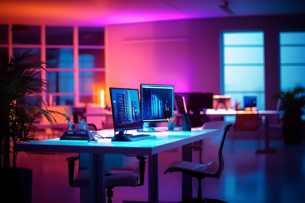 Arbeitsplatz mit Computern im Büro bei Nacht 3D-Rendering