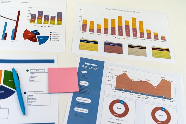 Arbeitsplatz mit Geschäftsdiagrammen und Diagrammfinanzkonzept