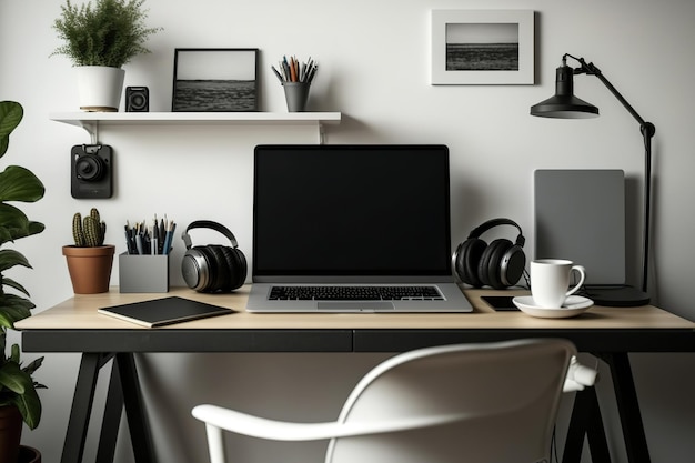 Arbeitsplatz mit Laptop-Briefpapier auf Schreibtisch und Stuhl im Heimbüro