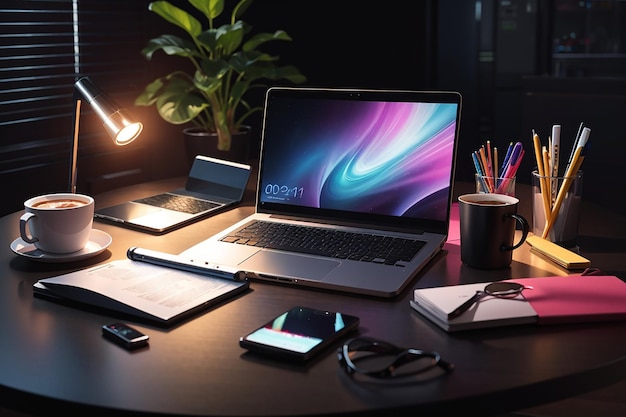 Arbeitsplatz mit Smartphone-Laptop auf schwarzem Tischhintergrund