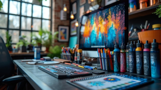 Arbeitsplatz von Künstlern oder Malern mit farbenfrohen Markierungen