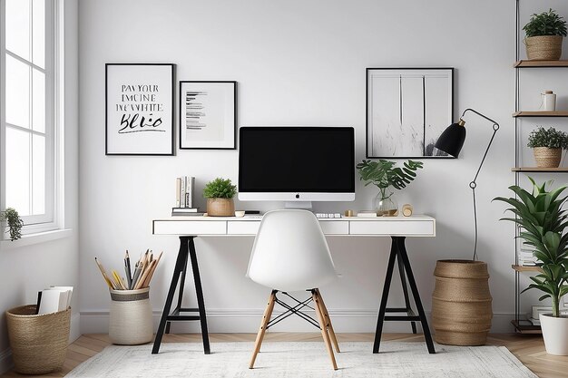 Arbeitsraum Bliss gemütliches Home-Office-Mockup mit leeren weißen Wänden