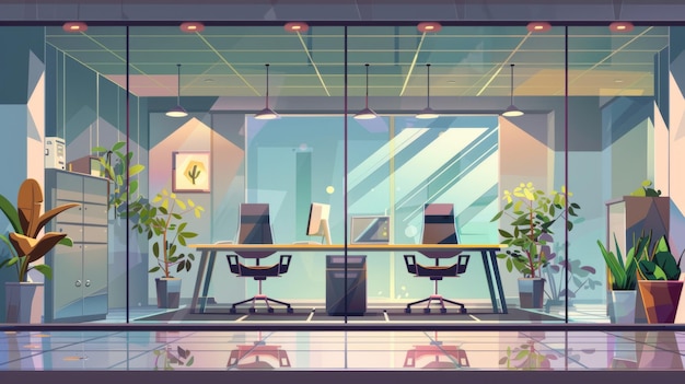 Arbeitsrauminterieur mit transparenter Trennwand Karikatur modernes Büro mit Sesseln Pflanzen Computer und Zubehör hinter transparenten Trennwänden