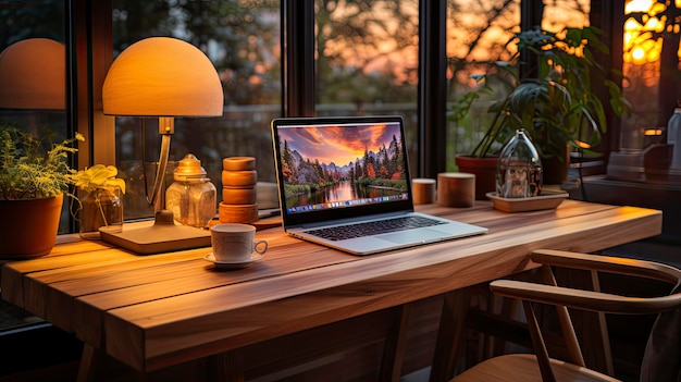 Arbeitsschreibtisch mit Laptop in einer entspannten Atmosphäre