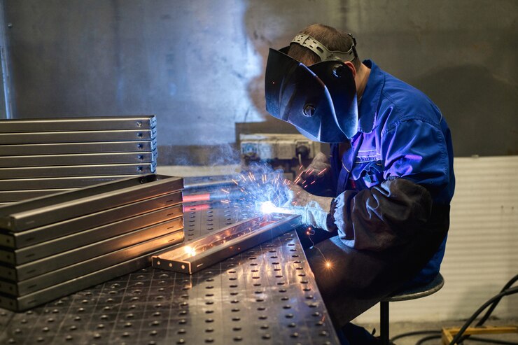 Arbeitsschweißer schweißt Teile