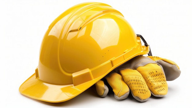 Arbeitstag der Mittelschicht und industrielles Arbeitskonzept mit Nahaufnahme auf einem gelben Hut und Sicherheitshandschuhen, isoliert auf weißem Hintergrund mit Ausschnitt des Weges