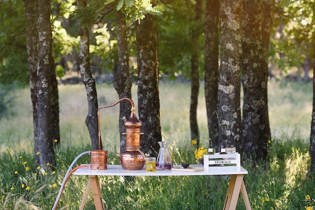 Arbeitstisch im Wald mit Naturkosmetiklabor und Stills still