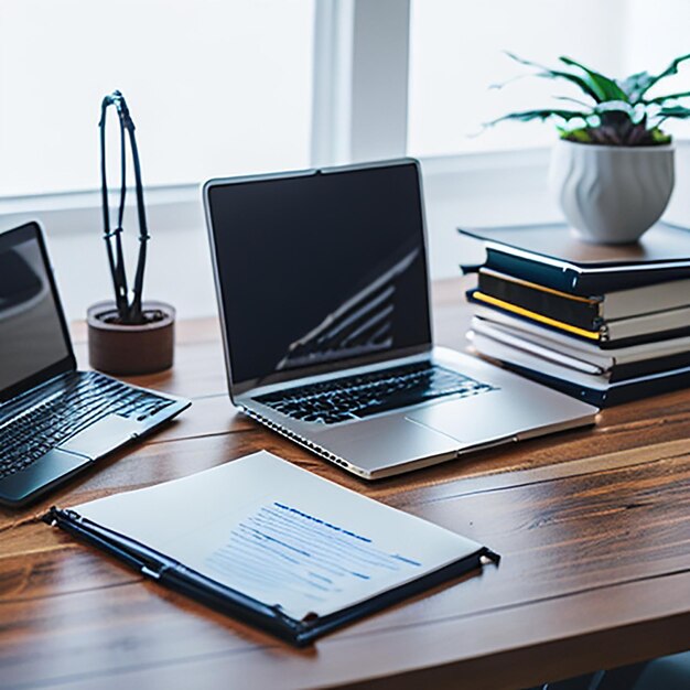 Arbeitstisch mit Laptop, Kaffee und Dokumenten im Innenraum